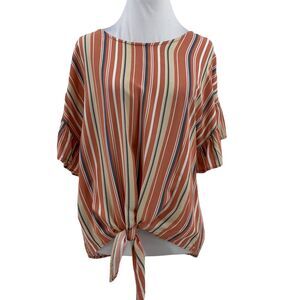 Lazy Sundays Top Womens M Medium Multi Striped Knot Front Short Sleeve Ruffles